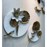 y16372 - 立體壁飾- 花、植物系列 - 陶瓷荷葉+鯉魚壁飾-建案公設-廊道梯間端景